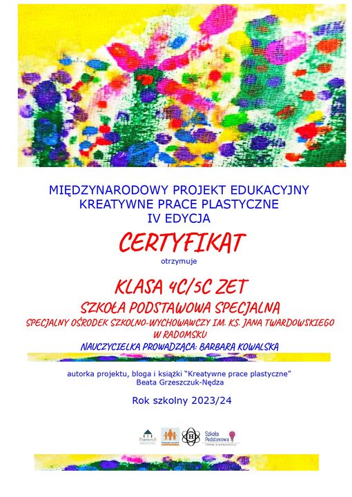 Certyfikat za udział w Międzynarodowym Projekcie "Kreatywne Prace Plastyczne" 