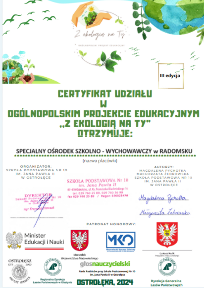 Certyfikat za udział w Ogólnopolskim Projekcie Edukacyjnym "Z Ekologią na Ty"