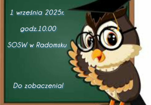 Rozpoczęcie roku szkolnego - tablica z sową z informacją o dacie i godzinie rozpoczęcia roku.