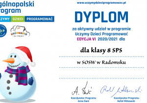 Dyplom dla klasy 8 SPS w SOSW w Radomsku