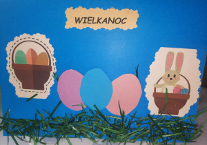 Konkursowa kartka wielkanocna- zając w koszyku i pisanki