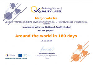 Krajowa Odznaka Jakości za międzynarodowy projekt eTwinning "180 dni dookoła świata"