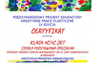 Certyfikat za udział w Międzynarodowym Projekcie Edukacyjnym "Kreatywne Prace Plastyczne"