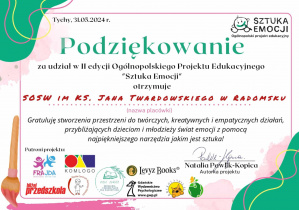 Podziękowanie za udział w Ogólnopolski Projekcie Edukacyjnym "Sztula Emocji"