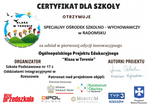 Certyfikat dla szkoły za udział w Ogólnopolski Projekcie Edukacyjnym "Klasa w terenie"
