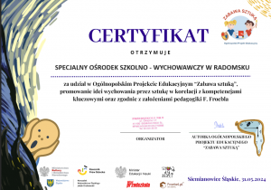 Certyfikat dla szkoły za udział w Ogólnopolskim Projekcie Edukacyjnym "Zabawa Sztuką"