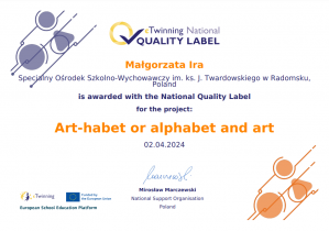 Krajowa Odznaka Jakości za międzynarodowy projekt eTwinning "Art-habet - czyli alfabet i sztuka"